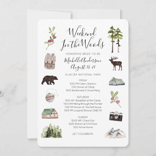 Invitation Camping Glamping Bachelorette Week-end Itinéraire (Devant)