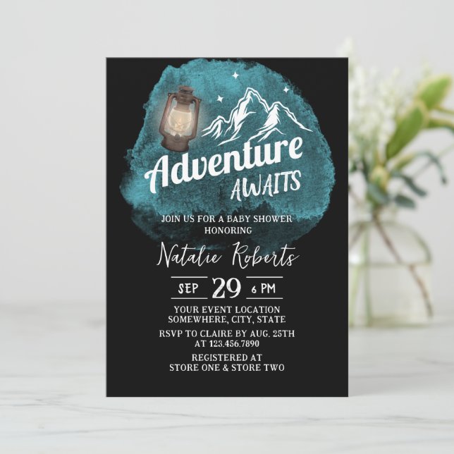 Invitation Camping Mountain Adventure Baby shower d'aquarelle (Debout devant)