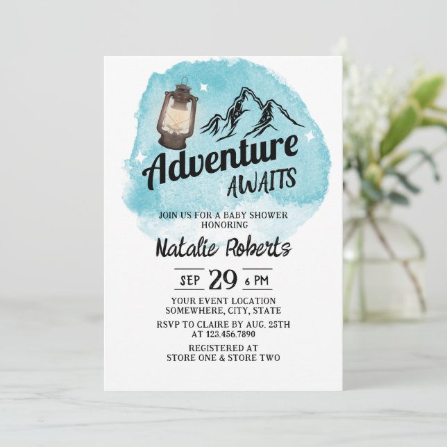 Invitation Camping Mountain Adventure Baby shower d'aquarelle (Debout devant)
