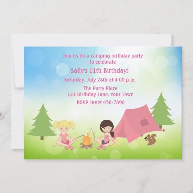Invitation Camping pour filles Anniversaire (Devant)