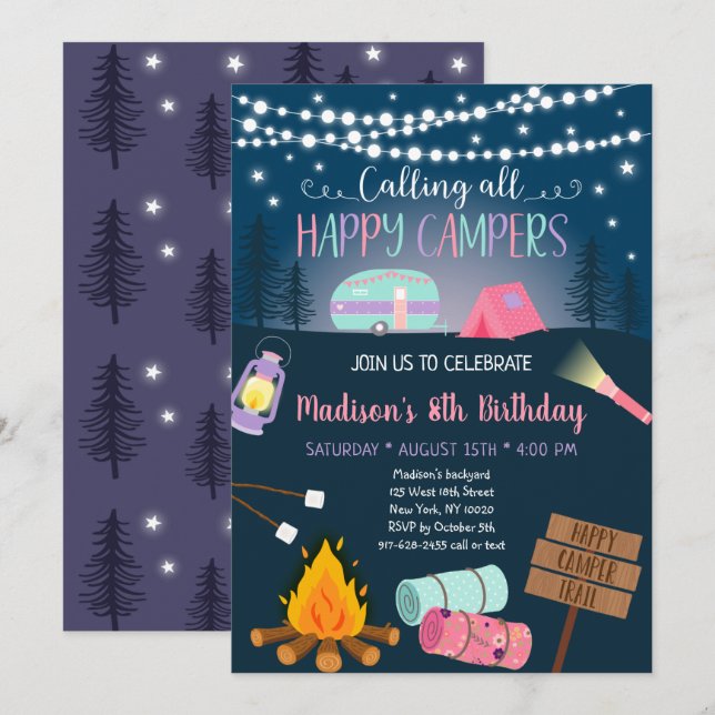 Invitation Camping pour filles roses Anniversaire (Devant / Derrière)