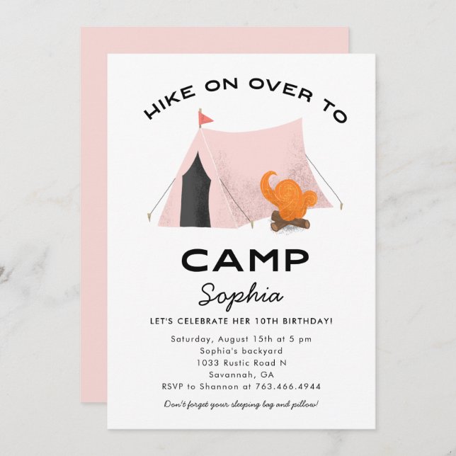 Invitation Camping Rose Cute fête d'anniversaire (Devant / Derrière)