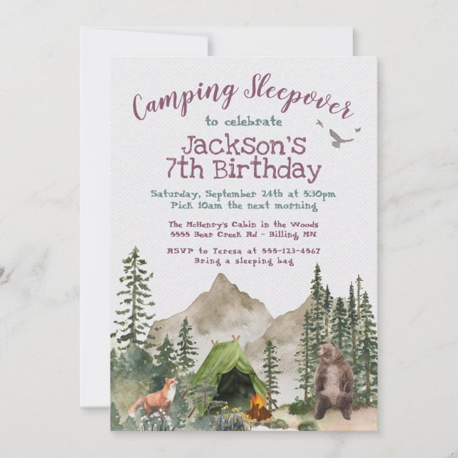 Invitation Camping Sleepover Forêt Forêt Bois Anniversaire Fê (Devant)