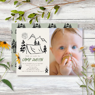 Invitation Camping Tente dessinée à la main Photo Boy 1er ann
