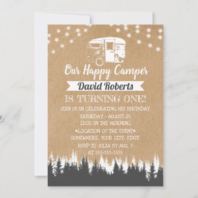 Invitation Camping Trailer Happy Camper Rustic Kraft Annivers (Devant)