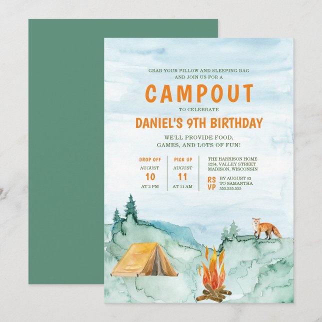 Invitation Camping Woodland Watercolor Campout Anniversaire (Devant / Derrière)