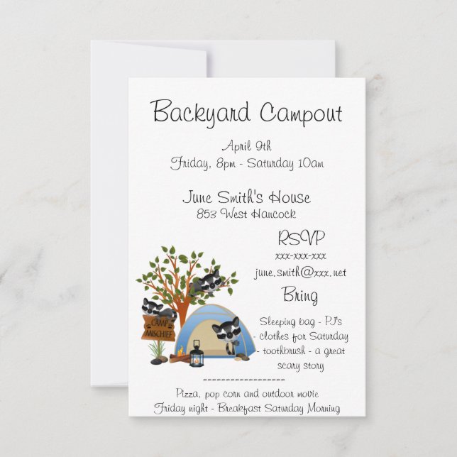 Invitation Campout de jardin avec le raton laveur (Devant)