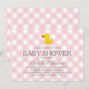 Invitation Canard en caoutchouc à carreaux roses pour Baby Sh