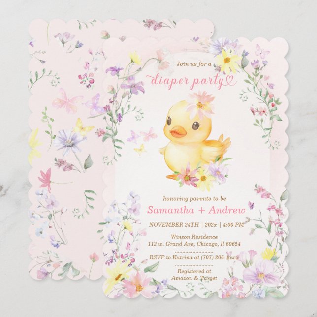 Invitation Canard en caoutchouc rose modèle pour fête de couc (Devant / Derrière)