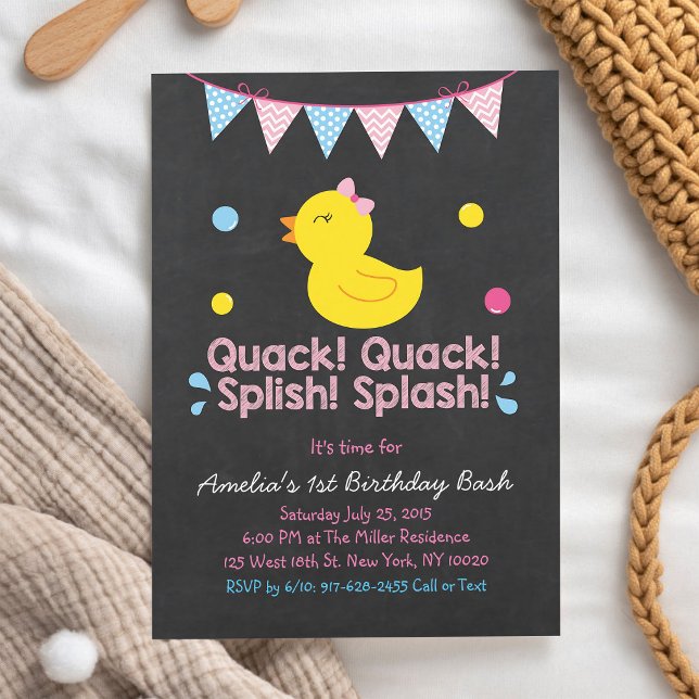 Invitation Canard en caoutchouc rose pour 1er anniversaire fi (Créateur téléchargé)