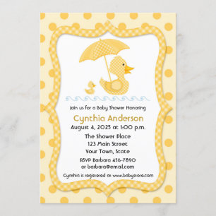 Invitation Canard En vichy jaune avec parapluie, Baby shower