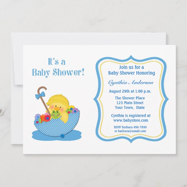 Invitation Canard jaune, baby shower bleu de parapluie (Devant)