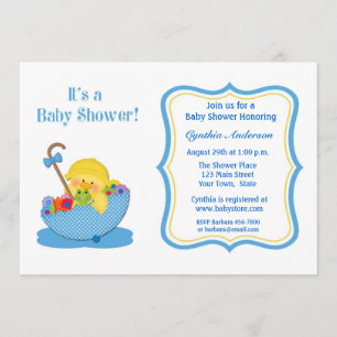 Invitation Canard jaune, baby shower bleu de parapluie