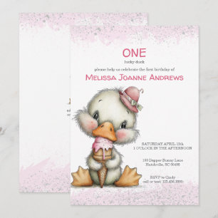 Invitation Canard mignon avec glace rose pour premier anniver