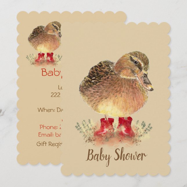 Invitation Canard mou dans le Baby shower des bottes rouges (Devant / Derrière)