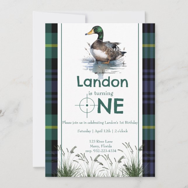 Invitation Canard Thème 1er Anniversaire Chasseur vert plaid (Devant)
