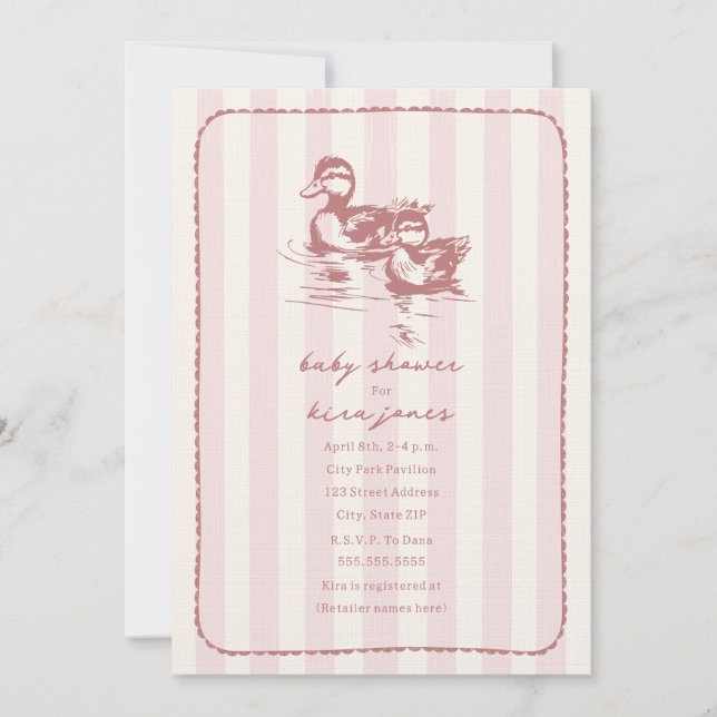 Invitation Canards Bois Doodland Baby shower rose (Devant)