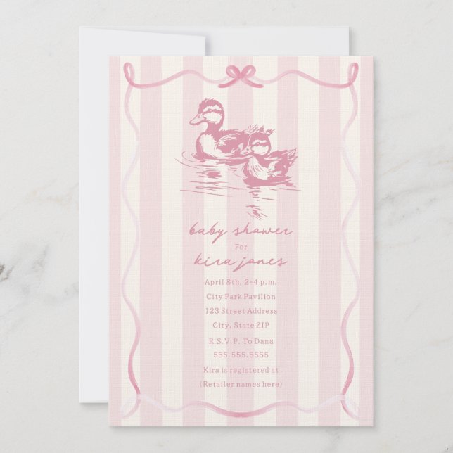 Invitation Canards Bow Bow Doodle Baby shower rose (Devant)