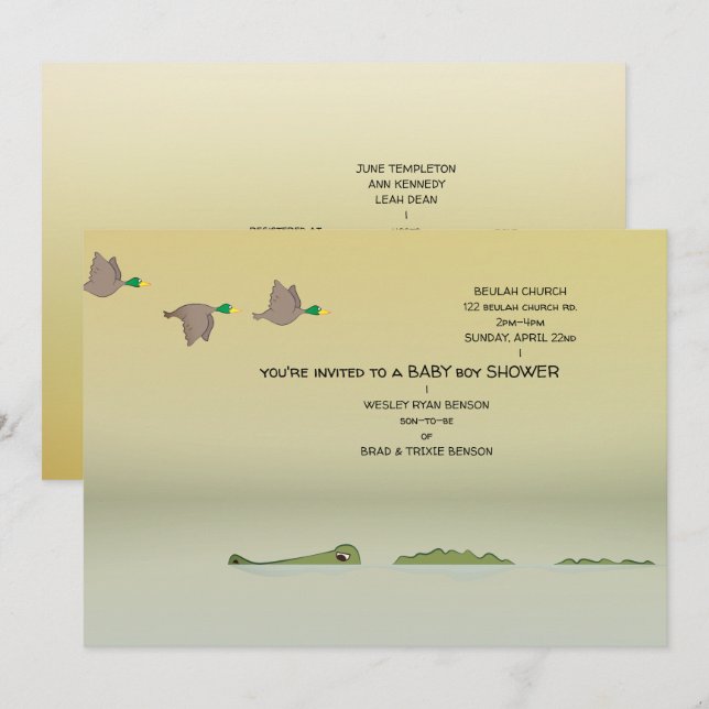 Invitation Canards & Gator Nature Cartoon Baby shower garçon (Devant / Derrière)