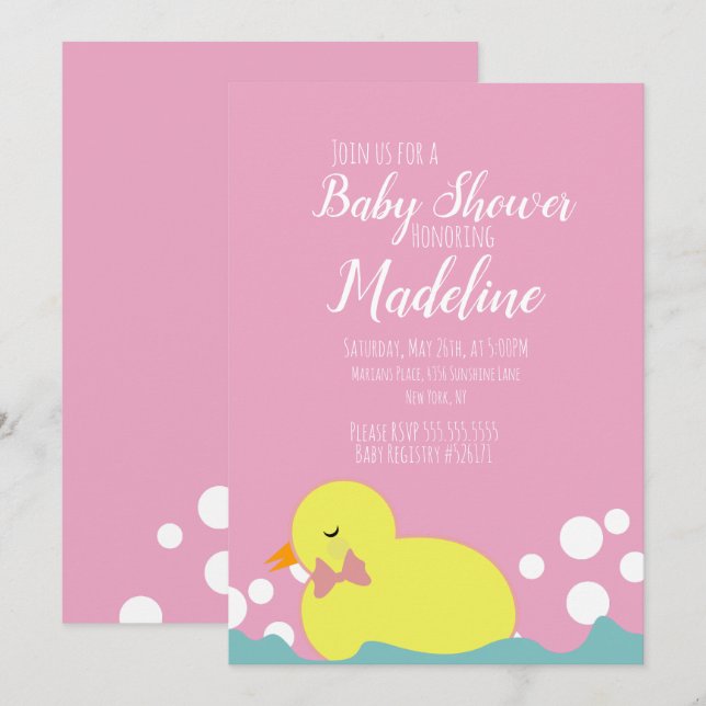 Invitation Canards modernes Baby shower fille rose jaune (Devant / Derrière)