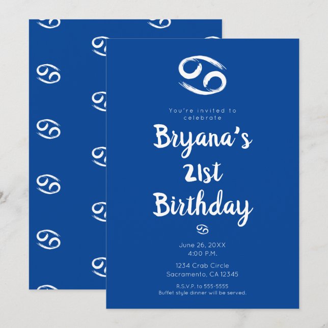 Invitation CANCER Astrologie Zodiaque Juin Juillet Anniversai (Devant / Derrière)