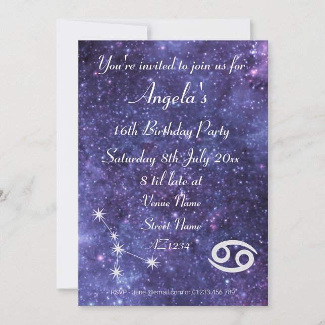 Invitation Cancer personnalisé Zodiac Galaxy Party (Devant)