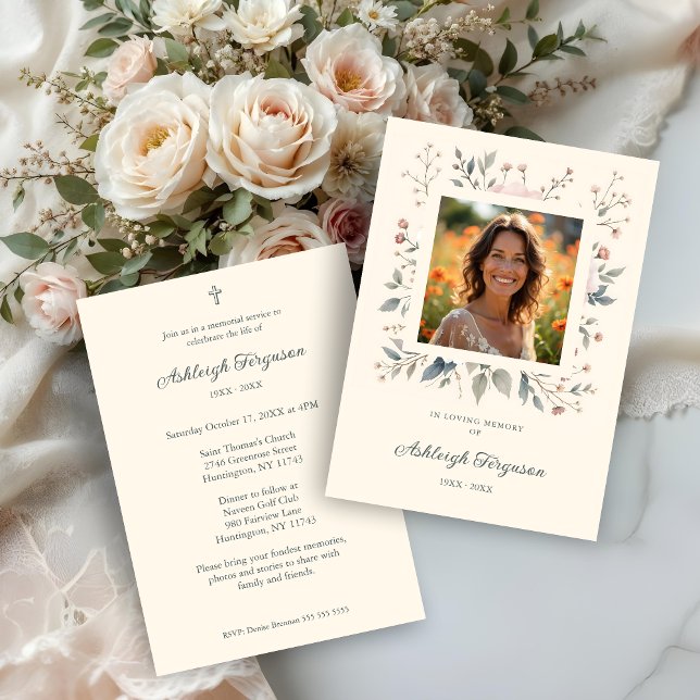 Invitation Candid Delicate Pastel Floral Frame Photo Funeral  (Candid Delicate Floral Frame Photo Funeral Invitations Cards in Soft Pastel Colors.)