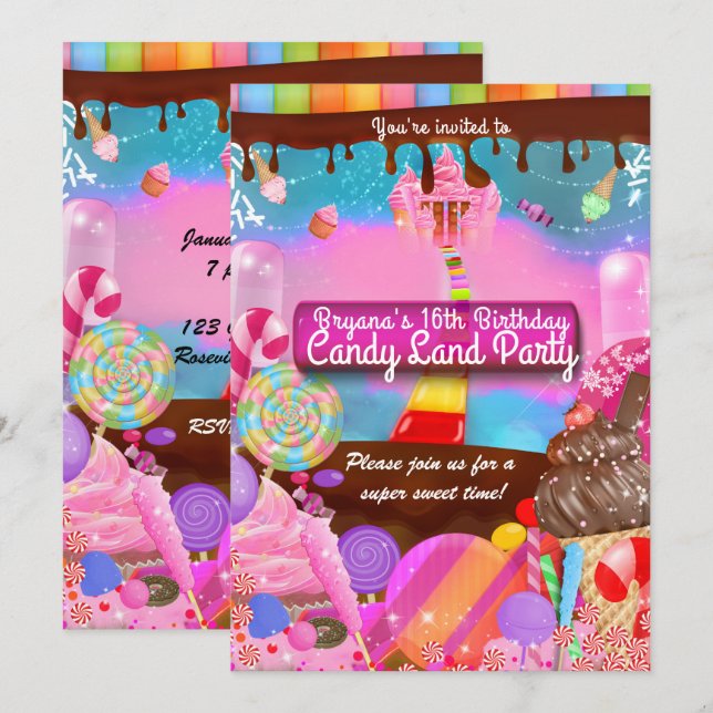 Invitation Candy Land Imaginaire fête Anniversaire Personnali (Devant / Derrière)
