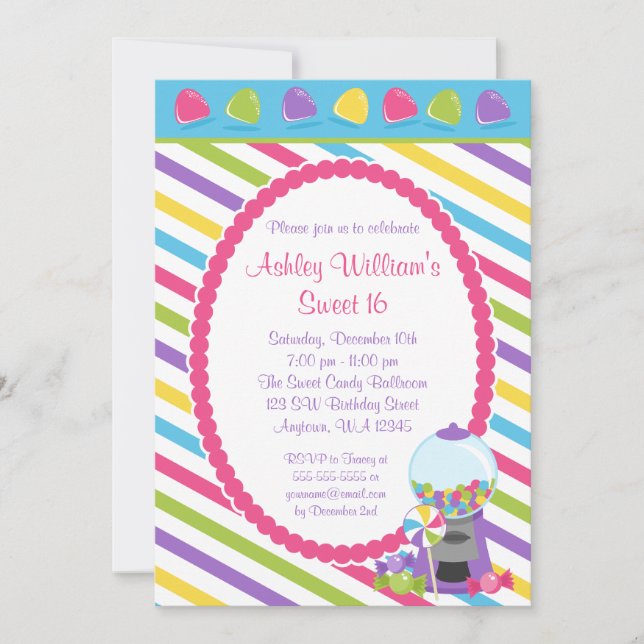 Invitation Candy Stripes Sweet 16 Anniversaire (Devant)