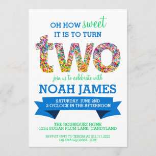 Invitation Candy Thème 2e fête d'anniversaire Sprinkings BLUE