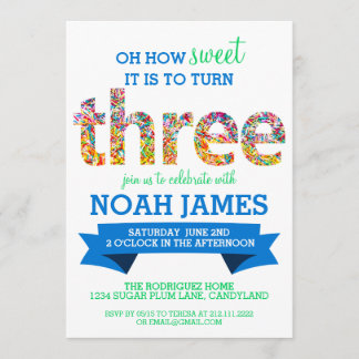 Invitation Candy Thème 3ème anniversaire fête saupoudrer BLUE