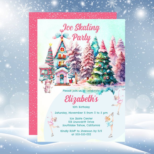 Invitation Candy Village Patinage sur glace Fête d'anniversai (Pink Candy Village Ice Skating Girl's Birthday Party Invitation)