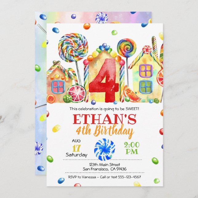 Invitation Candyland Candy pour le thème de la con (Devant / Derrière)