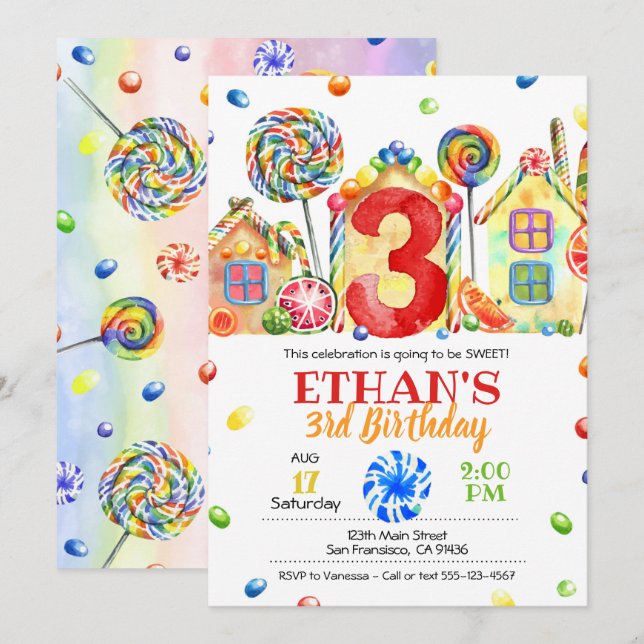 Invitation Candyland Candy pour le thème des bonbo (Devant / Derrière)