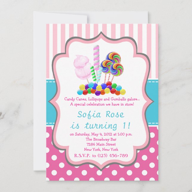 Invitation Candyland Candy premier anniversaire Anniversaire  (Devant)