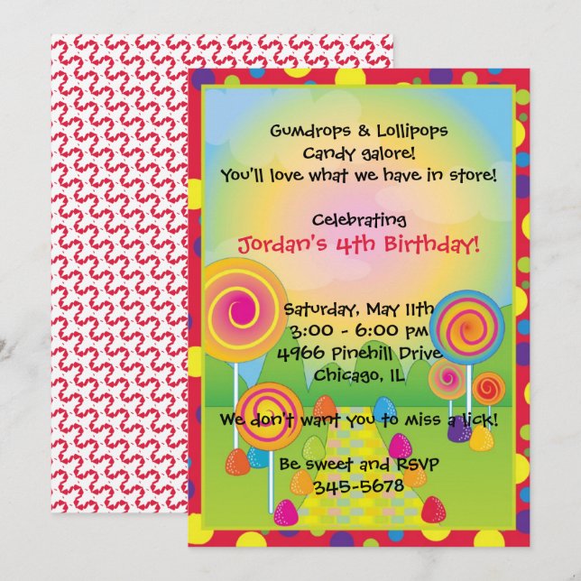 Invitation Candyland : Sugary Rouge sucré Lollipops Candy (Devant / Derrière)