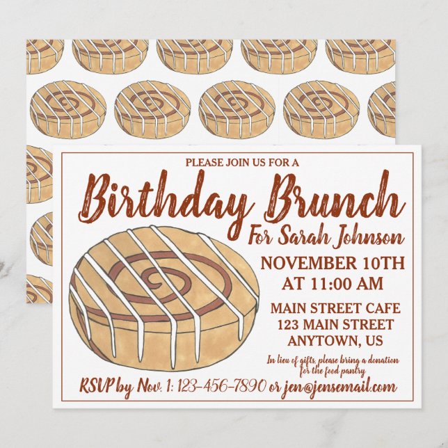 Invitation Cannelle Roll Bun Pâtisserie Anniversaire Fête Bru (Devant / Derrière)
