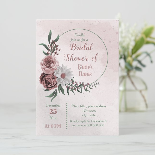 Invitation cannelle rose blanc fleuri wreath nuptiale douche (Debout devant)