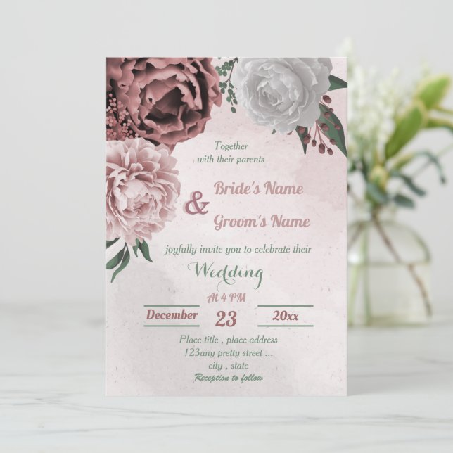 Invitation cannelle rose rose blanc fleuri mariage (Debout devant)