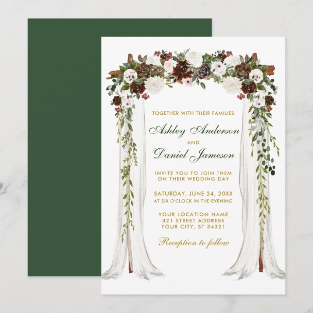 Invitation Canopée mariage Aquarelle Forêt verte Or Floral (Devant / Derrière)