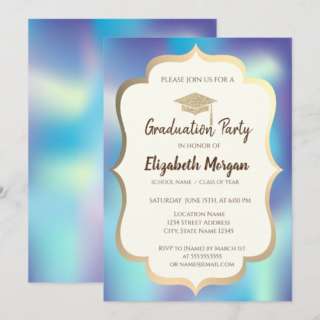Invitation Cap Holographique Blue Graduation Part (Devant / Derrière)