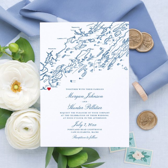 Invitation Cape Elizabeth Maine Elegant Marine Map Mariage (These Cape Elizabeth Maine invitations are perfect for your destination wedding on Casco Bay)