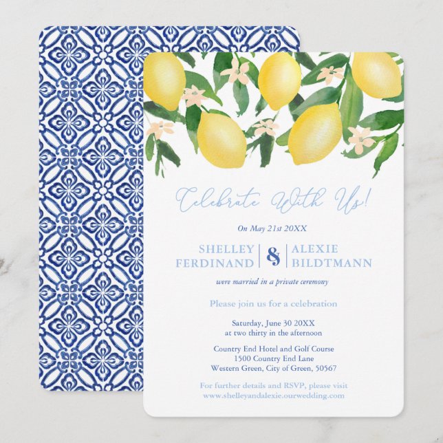 Invitation Capri Lemons Carreaux Bleus Post Mariage Célébrati (Devant / Derrière)