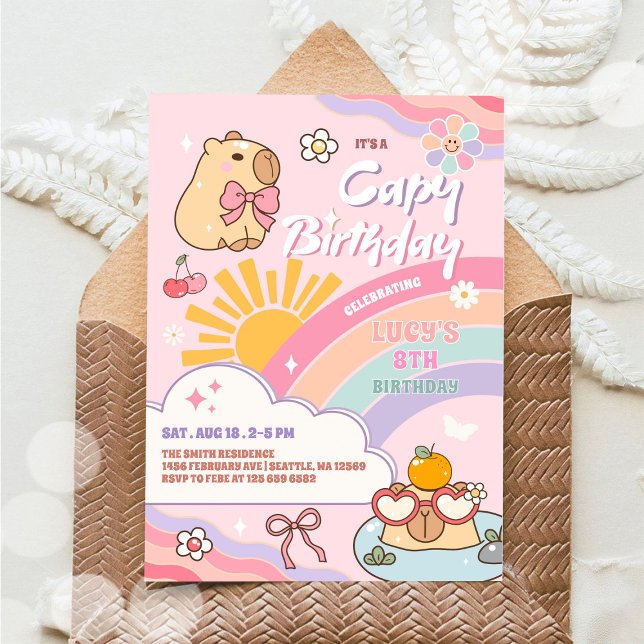 Invitation Capy Birthday Groovy Rainbow Sun Birthday (Créateur téléchargé)