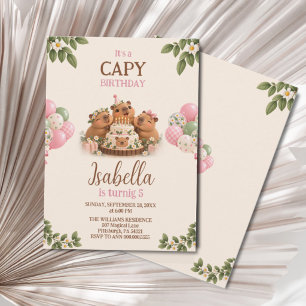 Invitation Capybara Capy Party Mignonne Rose Kawaii Fête d'an