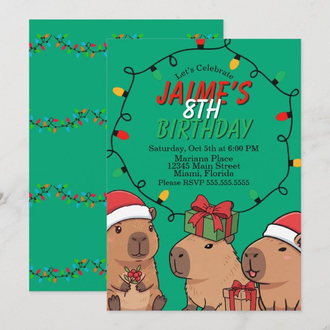 Invitation Capybara Christmas Lights Birthday Party  (Devant / Derrière)