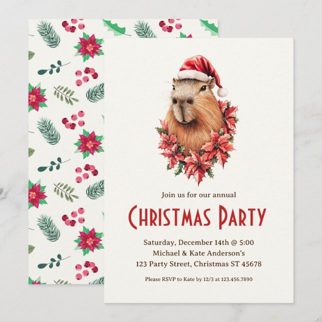 Invitation Capybara Santa Hat Poinsettias fête de Noël (Devant / Derrière)