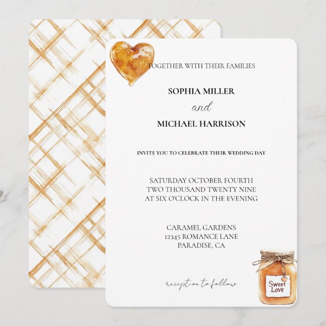 Invitation Caramel blanc or doux amour Mariage coeur (Devant / Derrière)