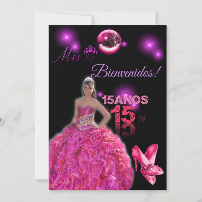 Invitation card of 15 black with fuxia bienvenidos (Devant)
