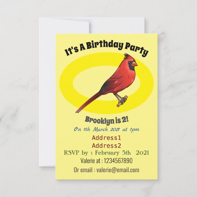 Invitation Cardinal du Nord dessin animé d'oiseau (Devant)